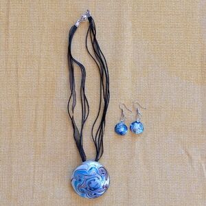 Necklace And Earring Set Glass Blue, Purple and Silver